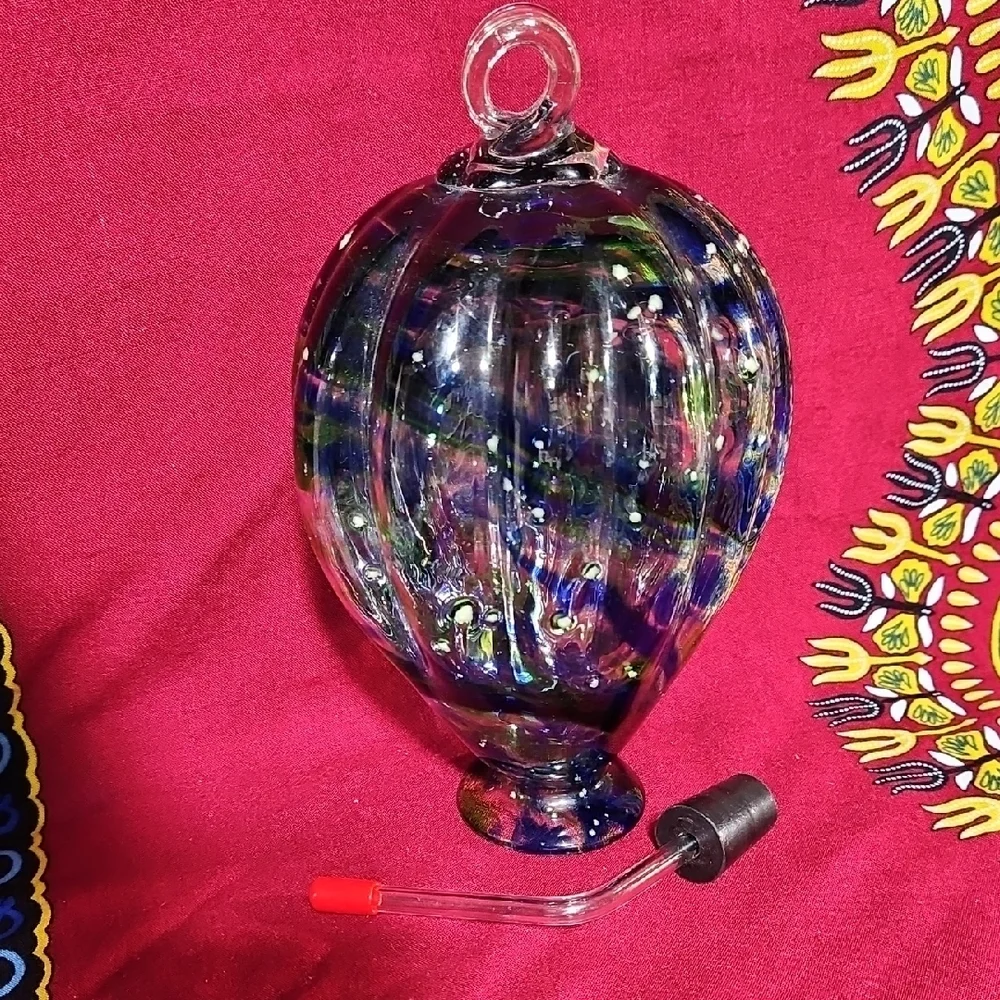 Colorful Handblown Glass Hummingbird Feeder,  Glow in the Dark